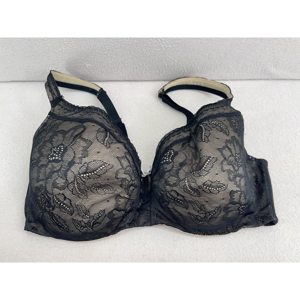 Cacique Modern Lace Balconette Bra Underwire Women's 38DDD Black Nude Lined
